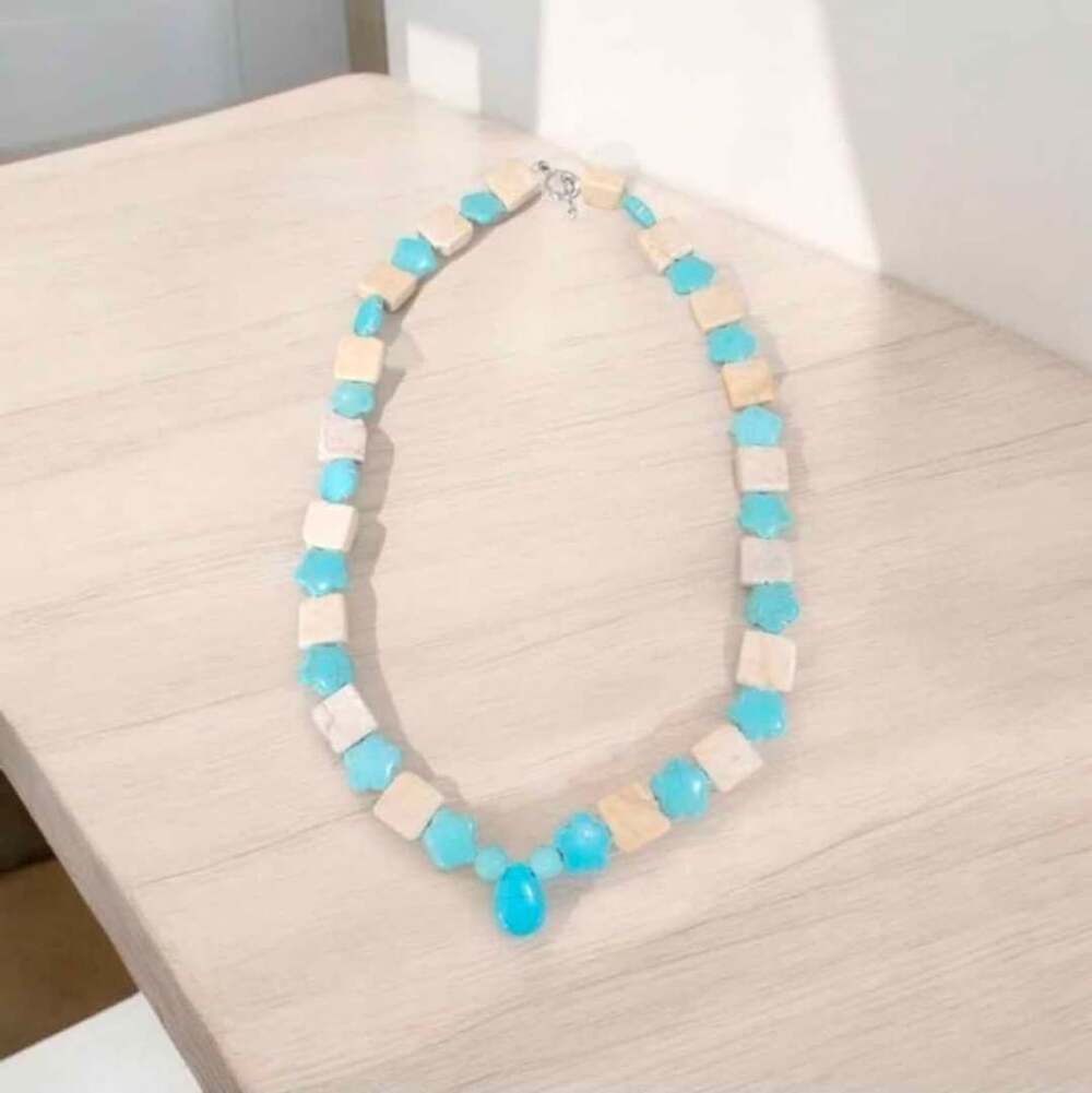 Turquoise and Cream Stone Beaded Necklace